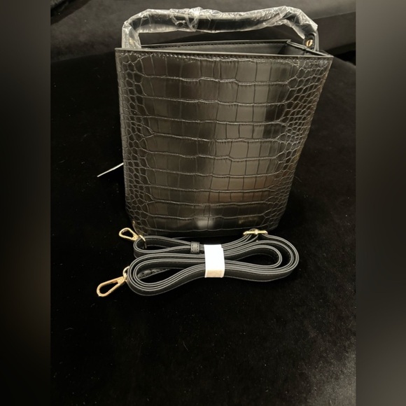 AOTA Elena Black Vegan Leather Croc Embossed Bucket Bag & Crossbody • NWT - Picture 12 of 16